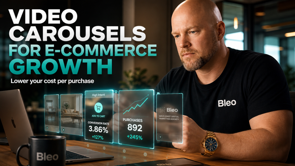 Male marketing executive studying holographic LinkedIn carousel ad cards with conversion data floating above his desk, wearing Bleo branded apparel, teal and orange cinematic lighting