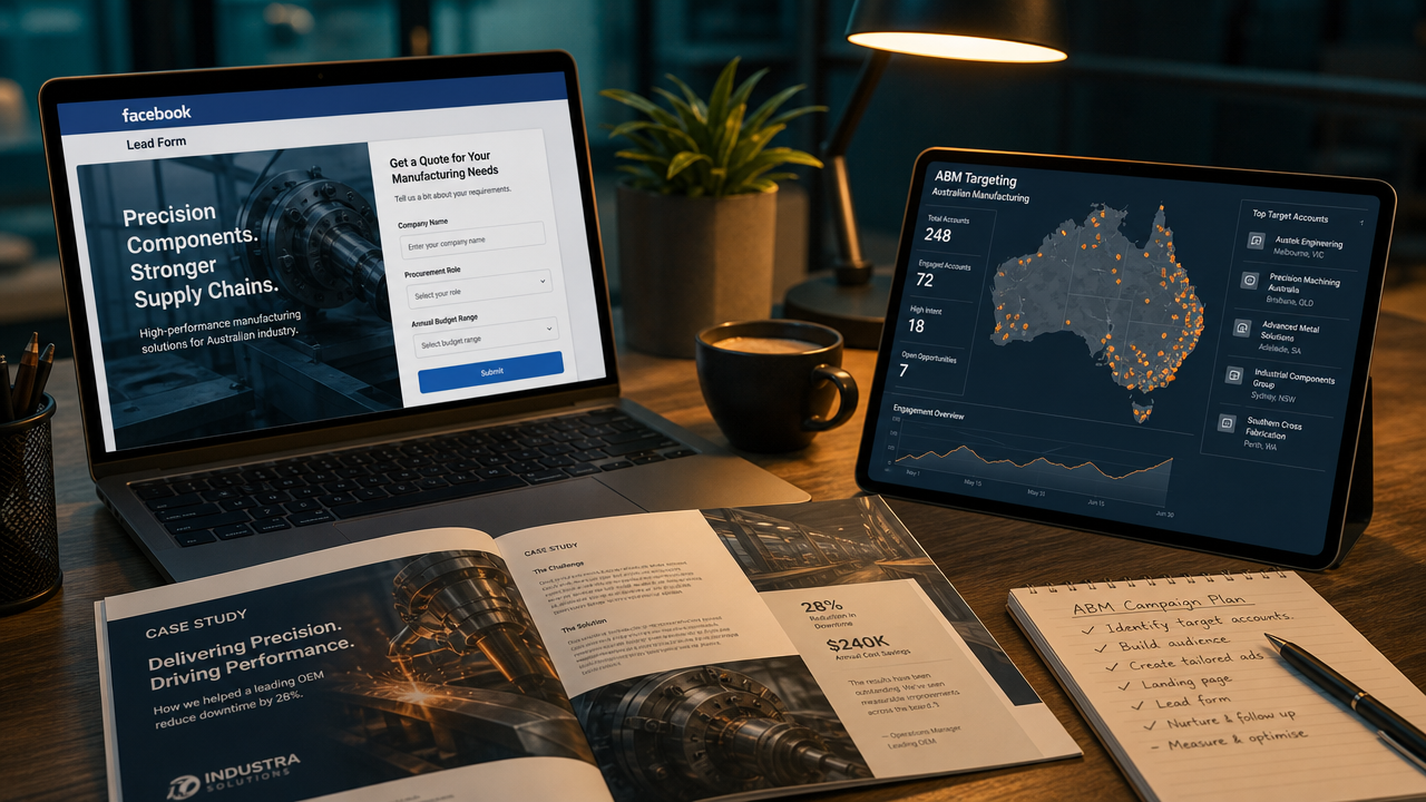 Procurement manager's desk showing Facebook Lead Form interface on laptop with ABM targeting data and manufacturing case studies