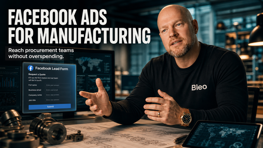 Luke Houlihan in an industrial office setting with manufacturing equipment and digital screens, wearing a Bleo-branded shirt, gesturing confidently while explaining Facebook ads strategy for manufacturing procurement teams