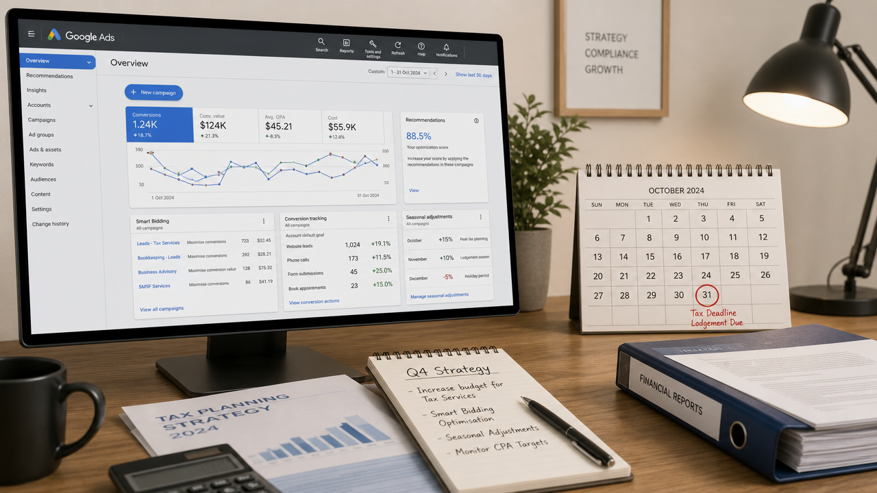 Google Ads dashboard on computer monitor showing smart bidding controls, seasonal calendar, and conversion tracking for accountants