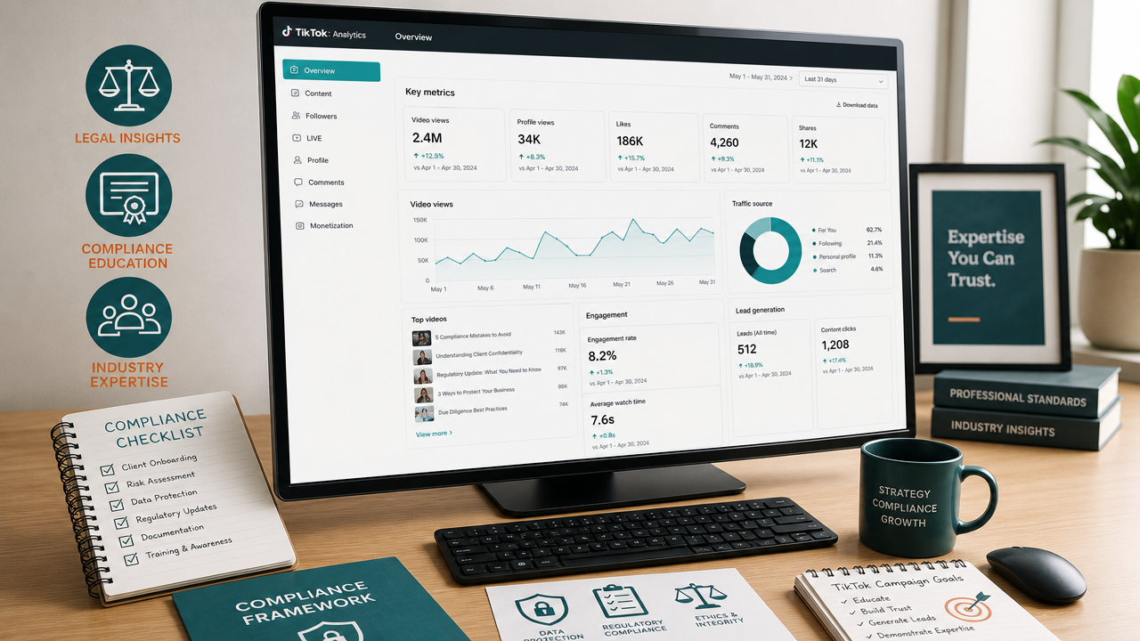 Professional workspace with TikTok analytics dashboard visible on angled monitor, compliance documentation, and lead generation metrics displayed on a modern desk