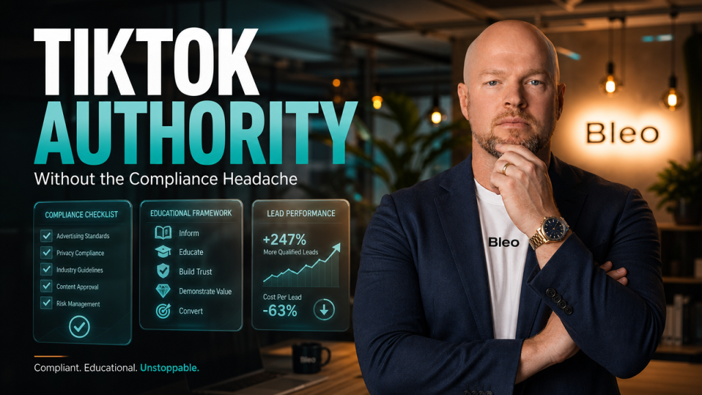 Luke Houlihan in professional business attire with Bleo branding, standing confidently amid holographic compliance and content strategy elements, with "TIKTOK AUTHORITY" headline overlay on premium cinematic background