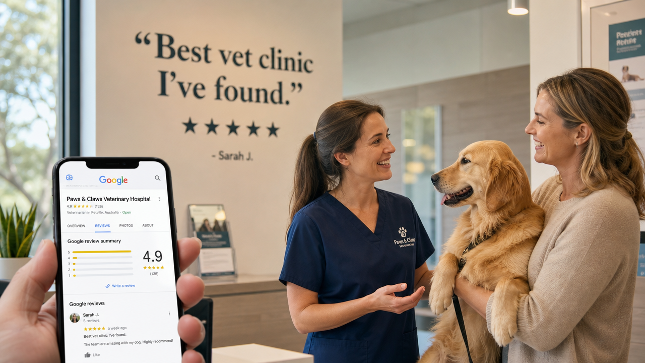 Veterinary clinic receptionist smiling with satisfied pet owner holding golden retriever, with five-star review visible on phone screen
