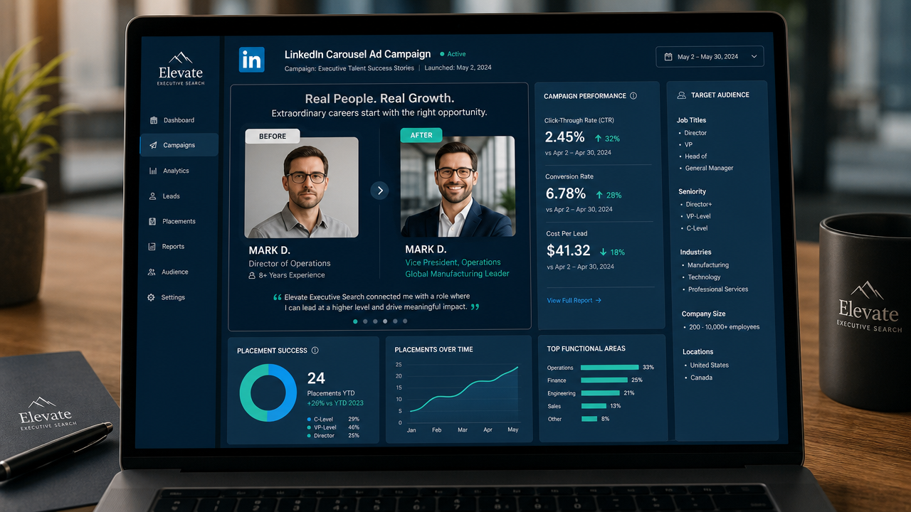 A laptop screen displaying a LinkedIn carousel ad with a candidate's before-and-after success story, engagement metrics, and audience targeting parameters.