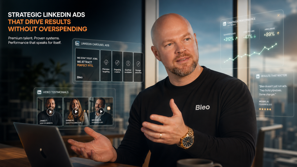 A professional man in a Bleo shirt stands in a modern office confidently explaining LinkedIn ad strategy, surrounded by holographic panels showing candidate testimonials and success metrics.
