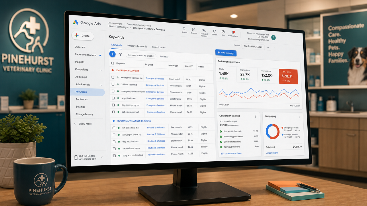 Google Ads dashboard for veterinary clinic displayed on angled monitor, showing smart bidding setup, emergency keywords, and performance metrics
