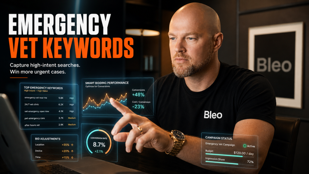 Luke Houlihan analysing Google Ads smart bidding data for veterinary clinics, focused and strategic expression, holographic bid metrics and emergency keywords visible, modern digital workspace with teal-orange colour grade