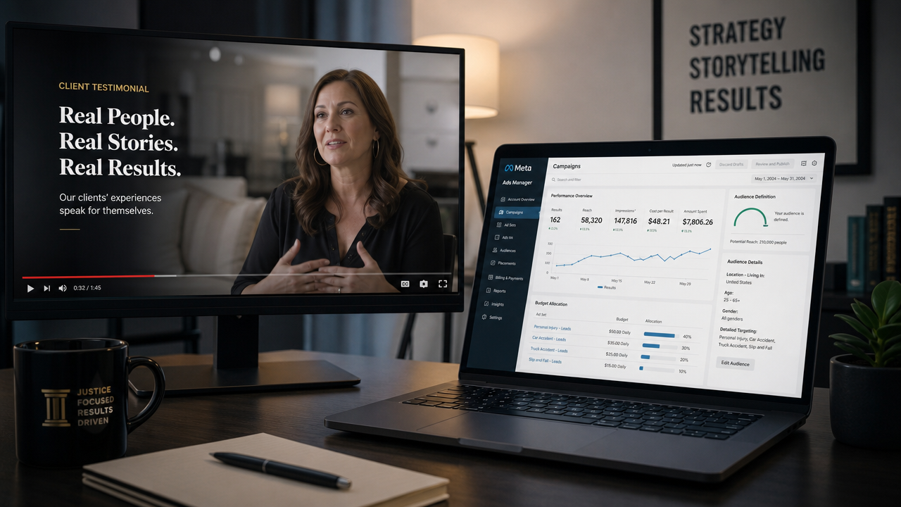 Split-screen showing client testimonial video on left monitor and Meta Ads Manager campaign setup on right laptop screen in a professional law office workspace
