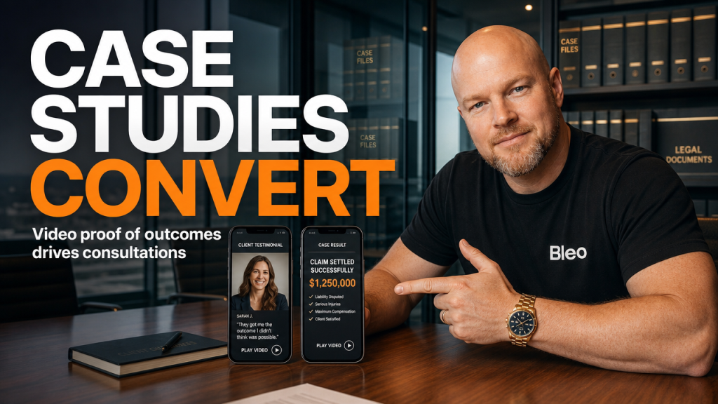 Luke Houlihan pointing at a phone screen showing client case study video in a modern law firm boardroom, with text overlay reading "CASE STUDIES CONVERT" and subheading "Video proof of outcomes drives consultations"