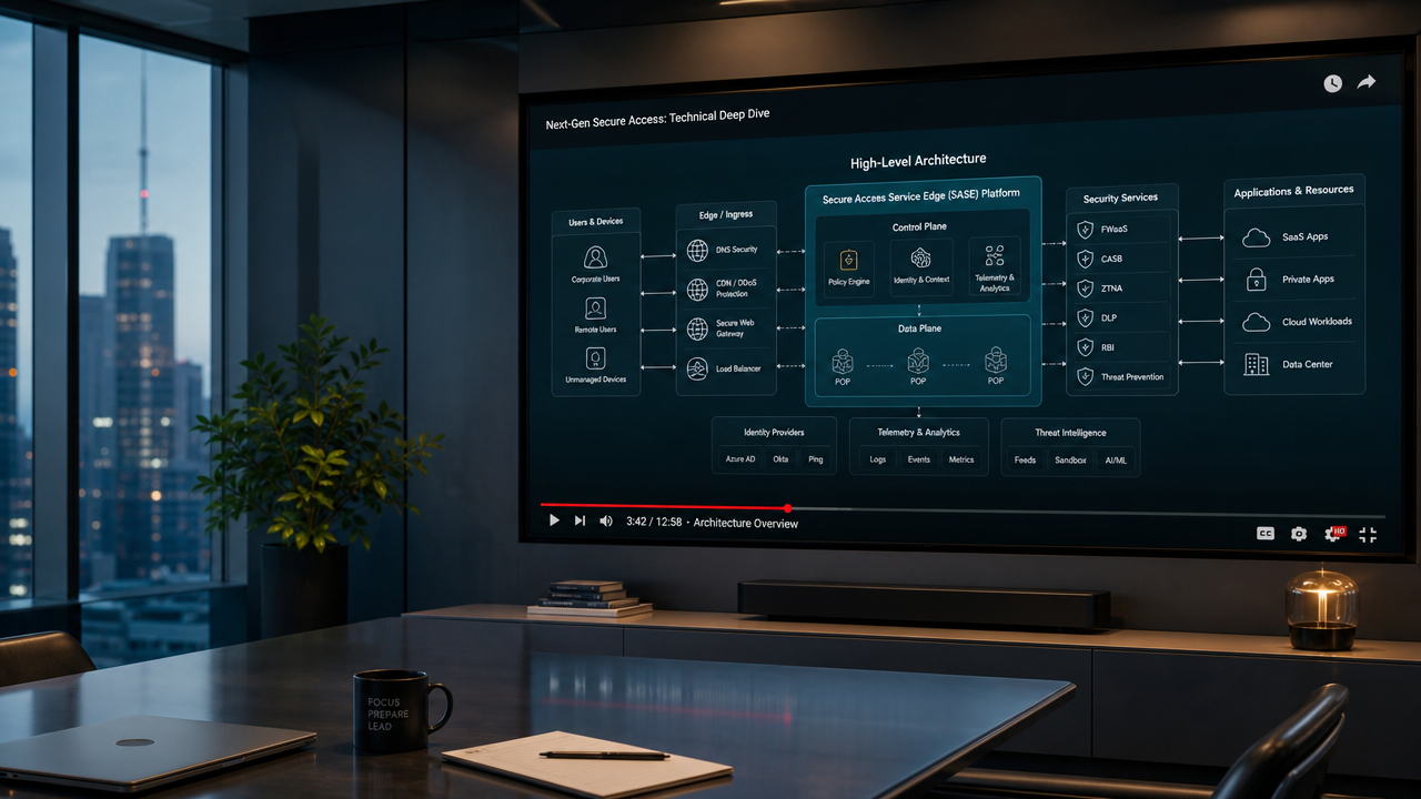 Corporate IT decision-maker watches a technical explainer video on a conference room display, showing product architecture and security concepts