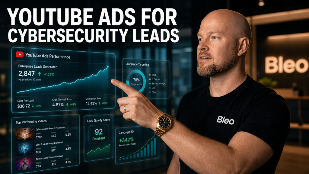 Luke Houlihan points to holographic YouTube analytics dashboards in a modern office setting, with text overlay reading "YOUTUBE ADS FOR CYBERSECURITY LEADS" - demonstrating enterprise B2B video strategy